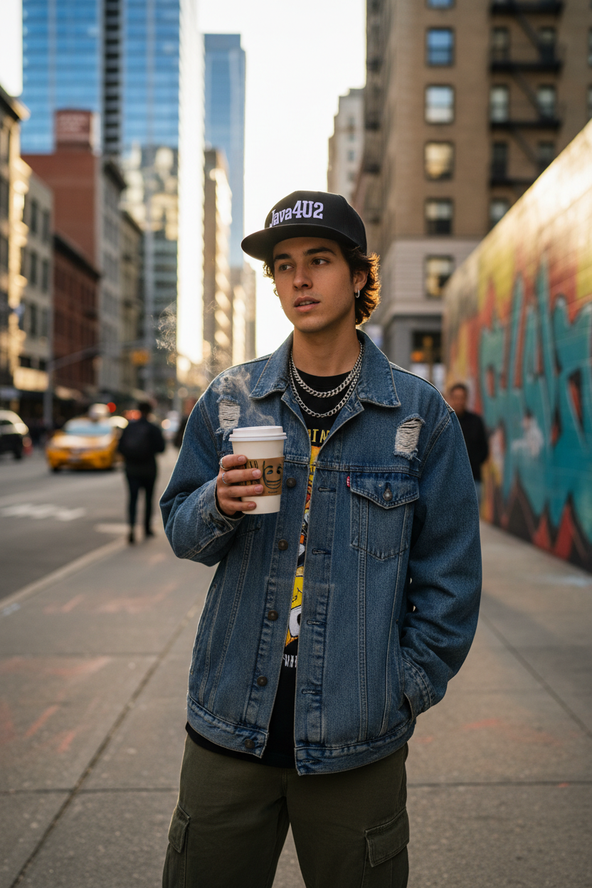 Java4U2 Snapback lifestyle photo — urban streetwear, coffee in hand