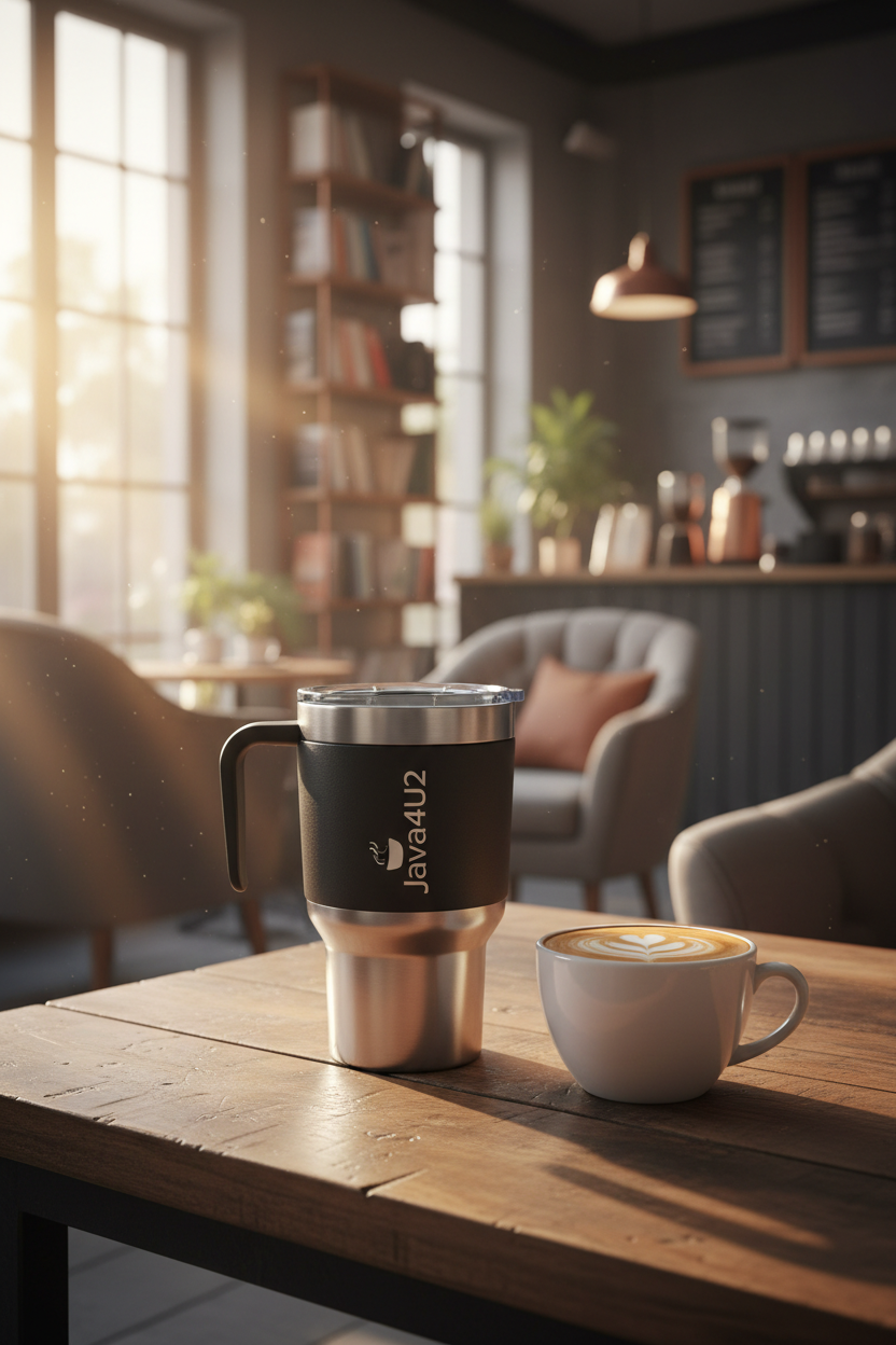Java4U2 Travel Mug in a cozy cafe setting with morning light
