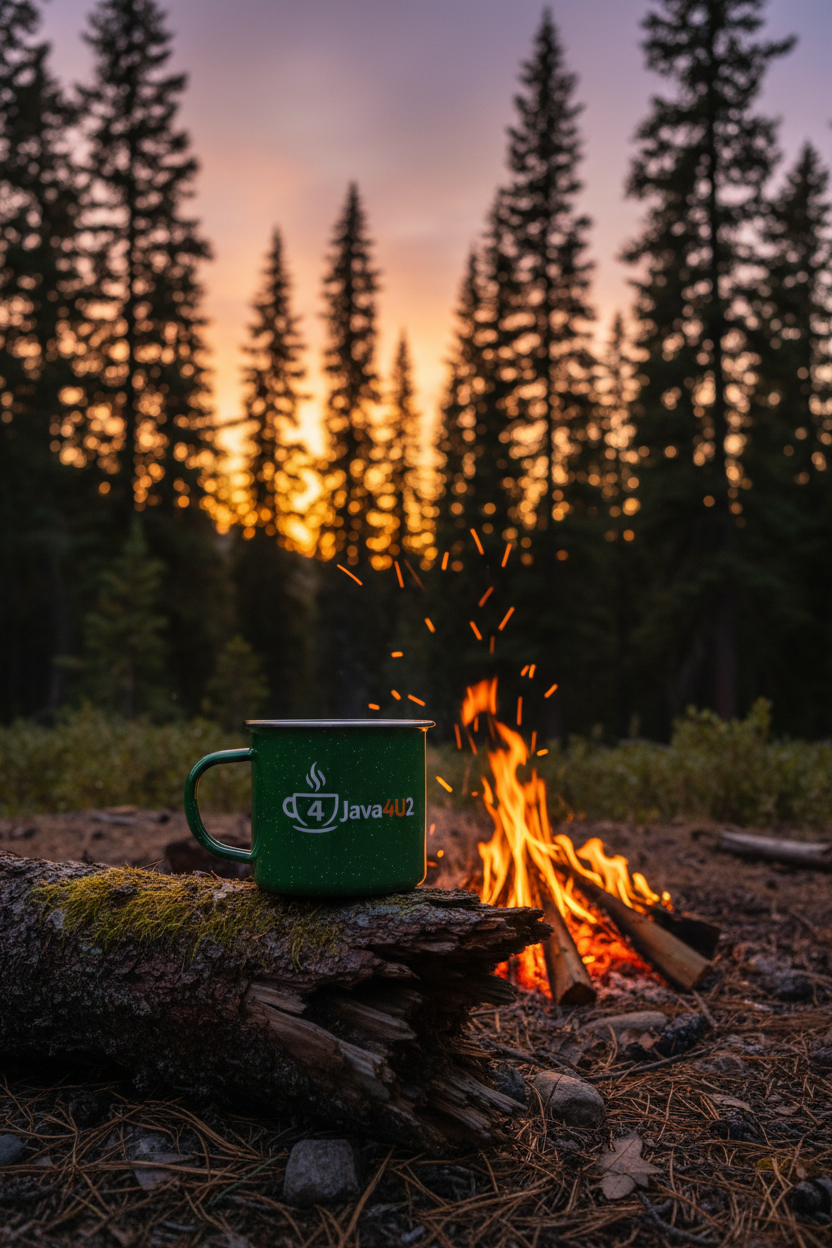 Java4U2 Enamel Mug beside a campfire at dusk with pine trees in the background
